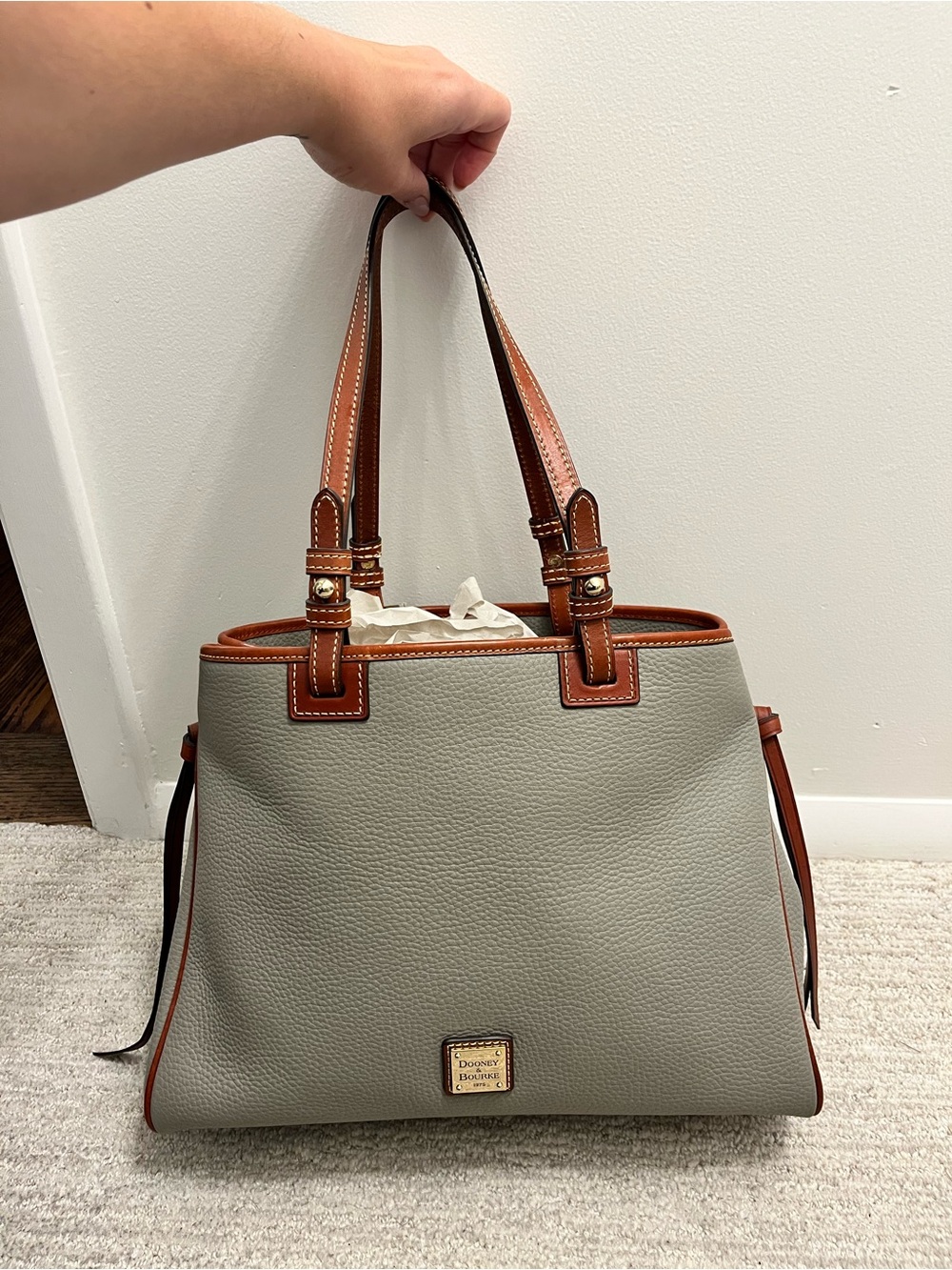 Dooney & Bourke Gray Pebbled Leather Tote with Tan Trim